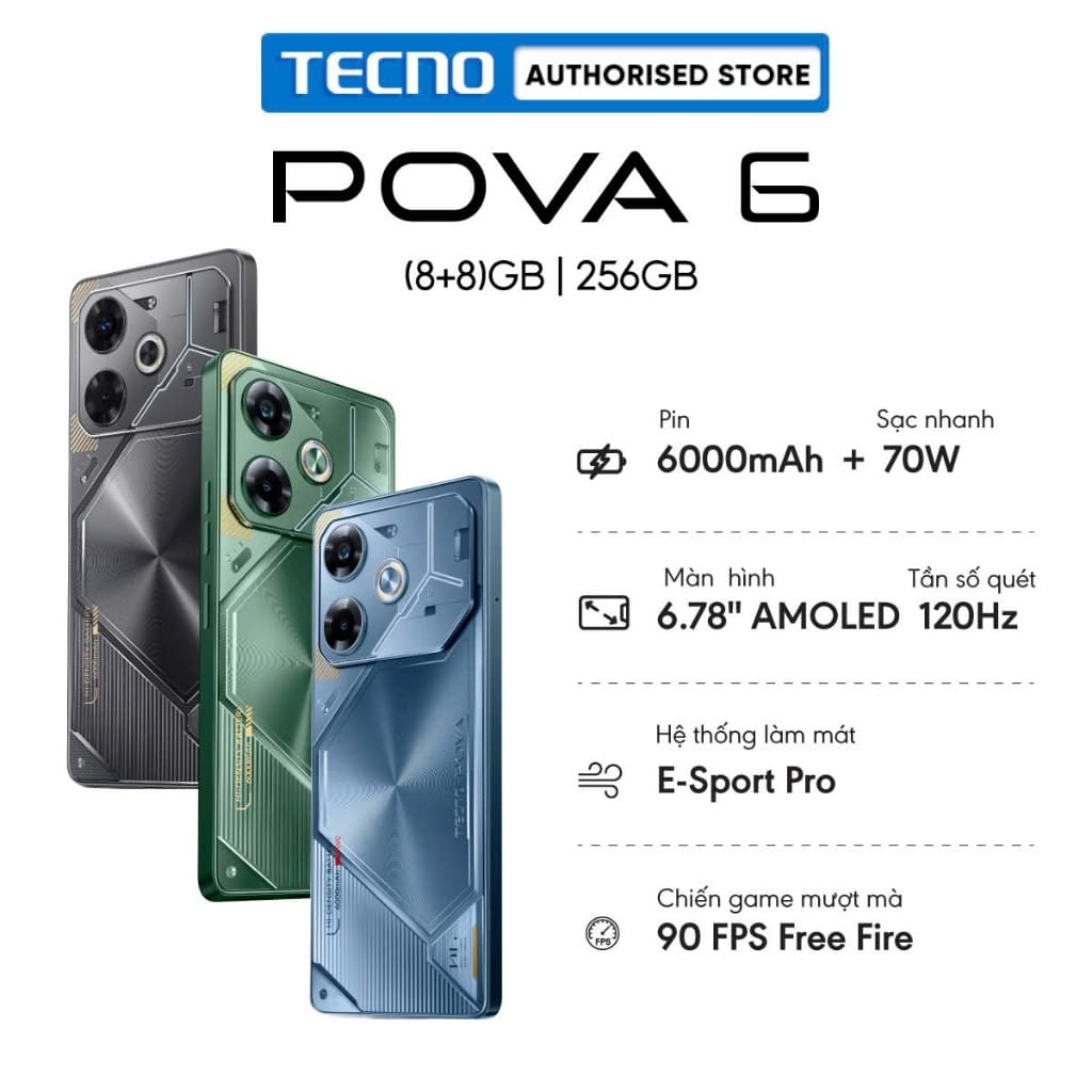 Điện Thoại Tecno Pova 6 (8+8)GB/256GB - Pin 6000mAh Sạc nhanh 70W - 6.78' AMOLED Tần số quét 120HZ