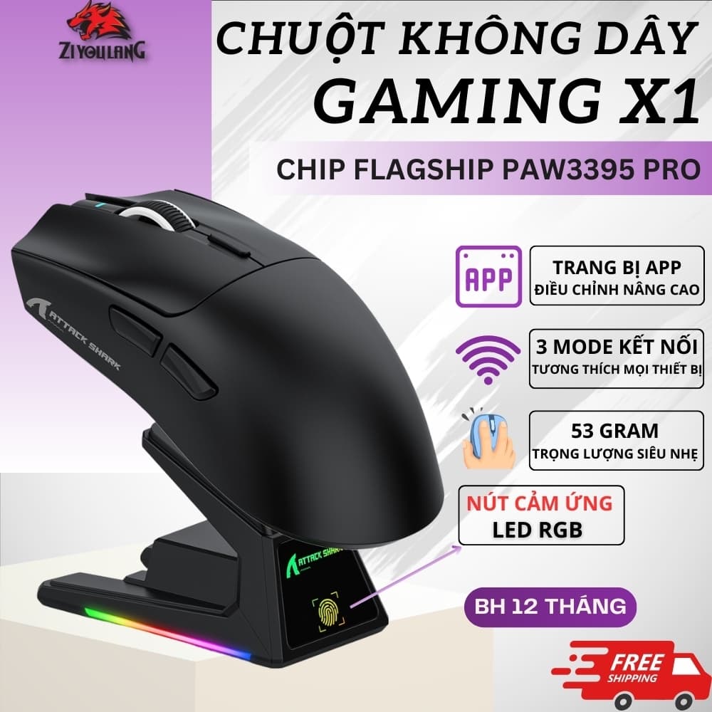 Chuột Gaming Attack Shark X1 - PixArt PAW3395PRO Hiệu Năng Cao, DPI 50-40.000, Siêu Nhẹ 53g, App