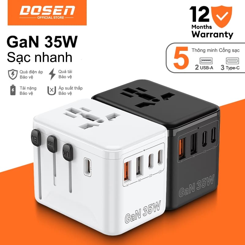 Ổ Cắm Chuyển phổ quát Đổi Du Lịch DOSEN Pro Sạc Nhanh 35W Ổ Chia Điện 4 Loại Chân Cắm Chuyển Đổi Dòng Điện