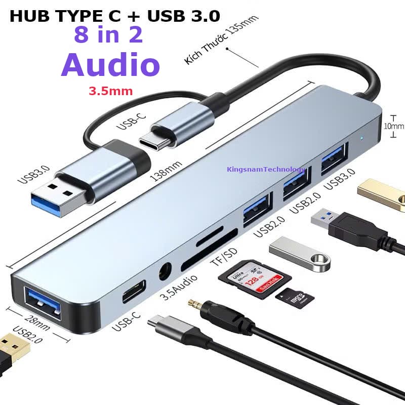 8 trong 2 USB A Type C hub Bộ chia cổng AUDIO OTG Docking StationUSB 3.0 SD Đầu đọc thẻ TF Âm thanh