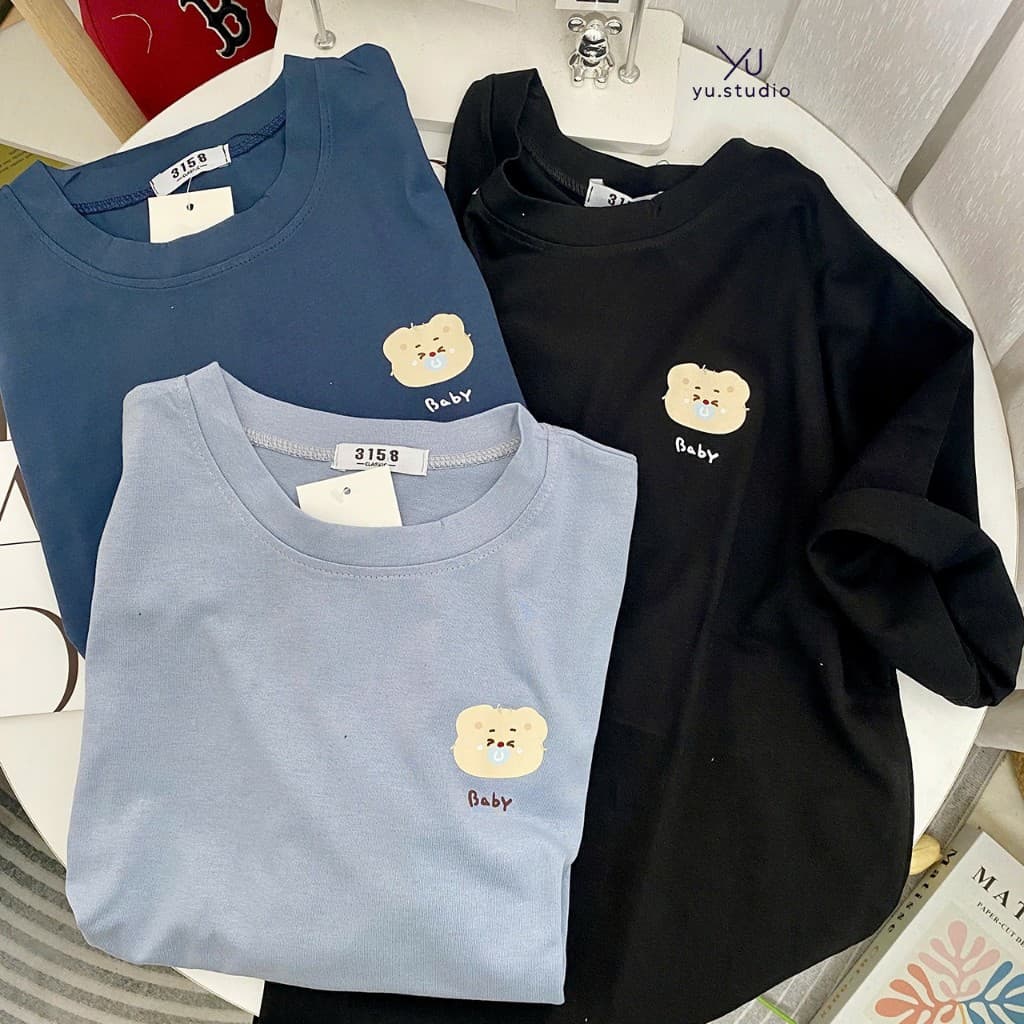 Áo thun nữ YUSTUDIO 3158 cotton khô, áo thun nam nữ form rộng mẫu Gấu Baby