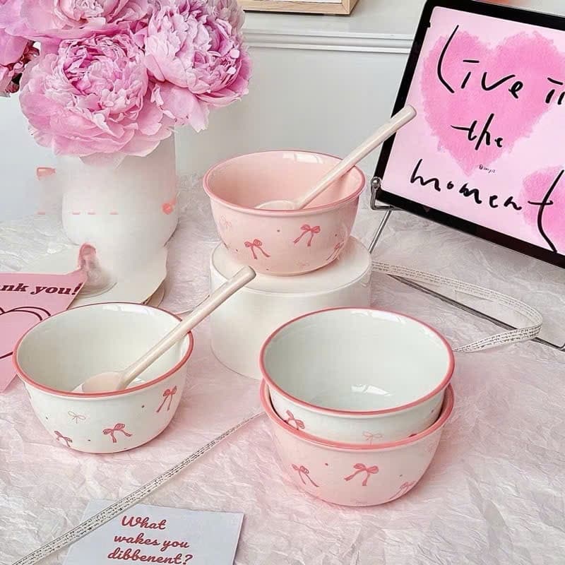 Bát Sứ Nơ Xinh, Bộ Bát Sứ Bò Sữa, Heo Hồng, Mèo Vàng Sét 2 Bát 2 Thìa Bát Ăn Dặm Cao Cấp Cho Bé Dễ Thương