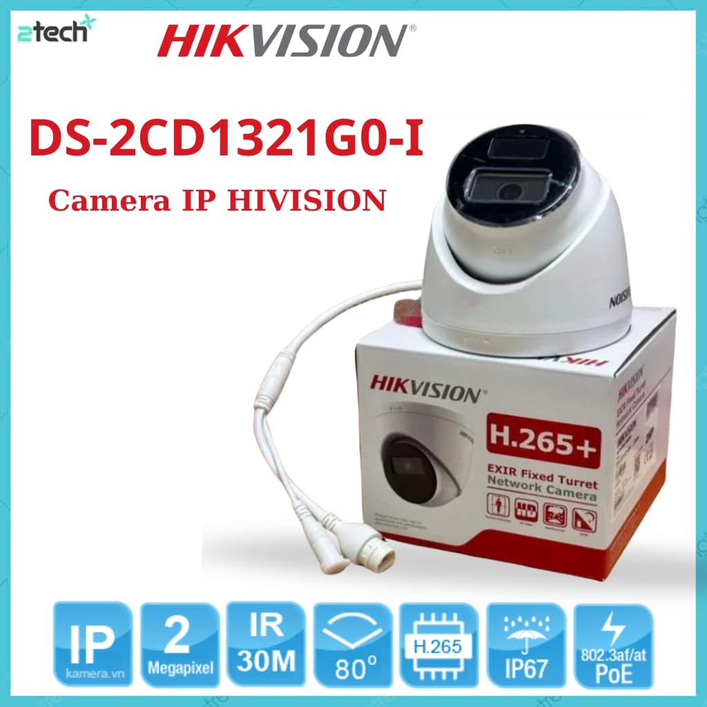 Camera IP Dome hồng ngoại 2.0MP HIKVISION DS-2CD1321G0-I hình ảnh sắc nét, góc quay rộng, hỗ trợ Poe