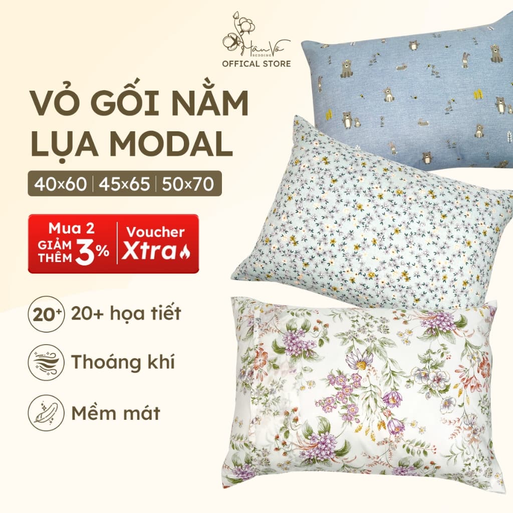 Vỏ gối nằm LỤA MODAL 50x70cm, vỏ gối ôm 37x100cm Họa tiết, dòng cao cấp