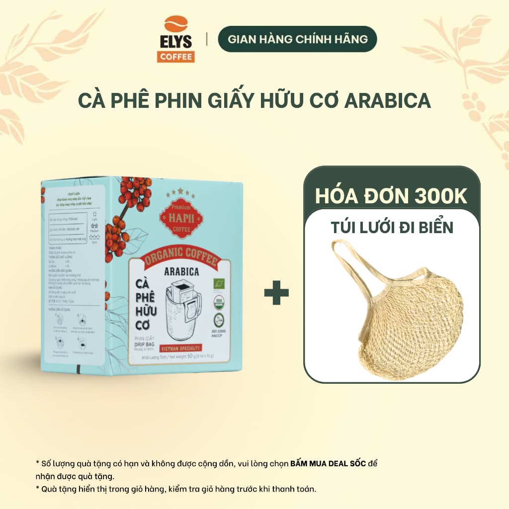 [Tặng Túi Lưới Đi Biển Elys] Cà Phê Phin Giấy Hữu Cơ Arabica Hapii Coffee - Hộp 6/10/20 Gói Tiện Lợi