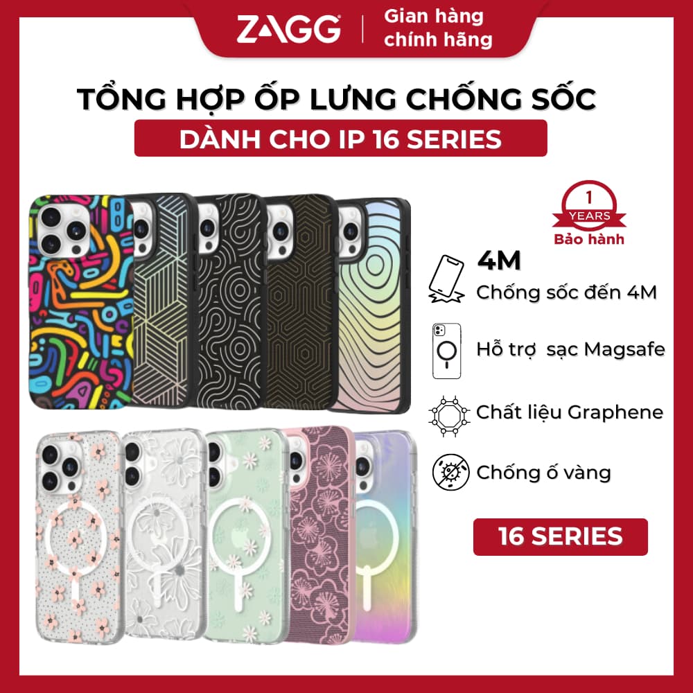 [iPhone 16 Series] Ốp lưng cao cấp ZAGG bảo vệ toàn diện với Graphene (cứng hơn Kim cương), đa dạng mẫu mã, BH 1năm1đổi1