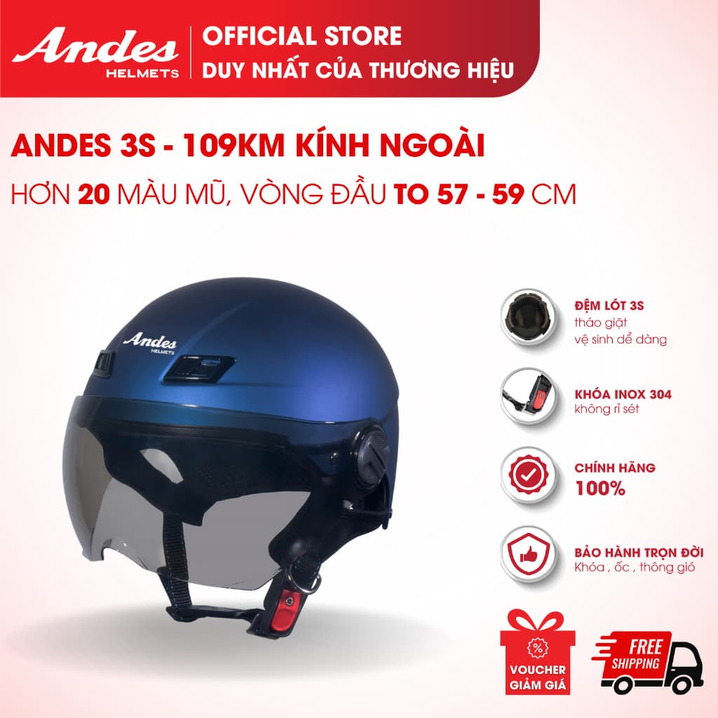 [Official] Mũ Bảo Hiểm Andes 3S 109KM, Kiểu Nửa Đầu Có Kính Dành Cho Người Đầu To, Nhiều Màu Sắc