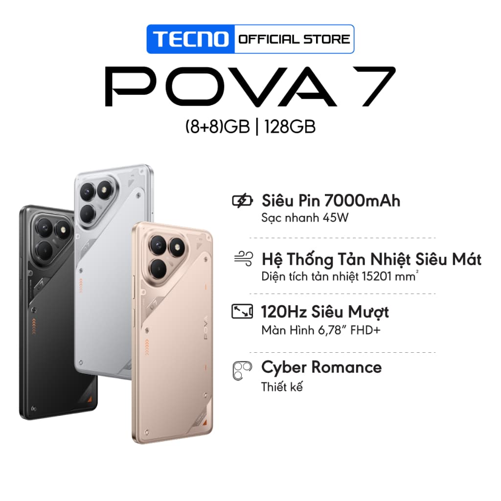 Điện thoại Tecno Pova 7 8/128GB | Siêu Pin 7000mAh | Sạc Nhanh 45W | Màn Hình 6.78" FHD+ 120Hz | Chính hãng