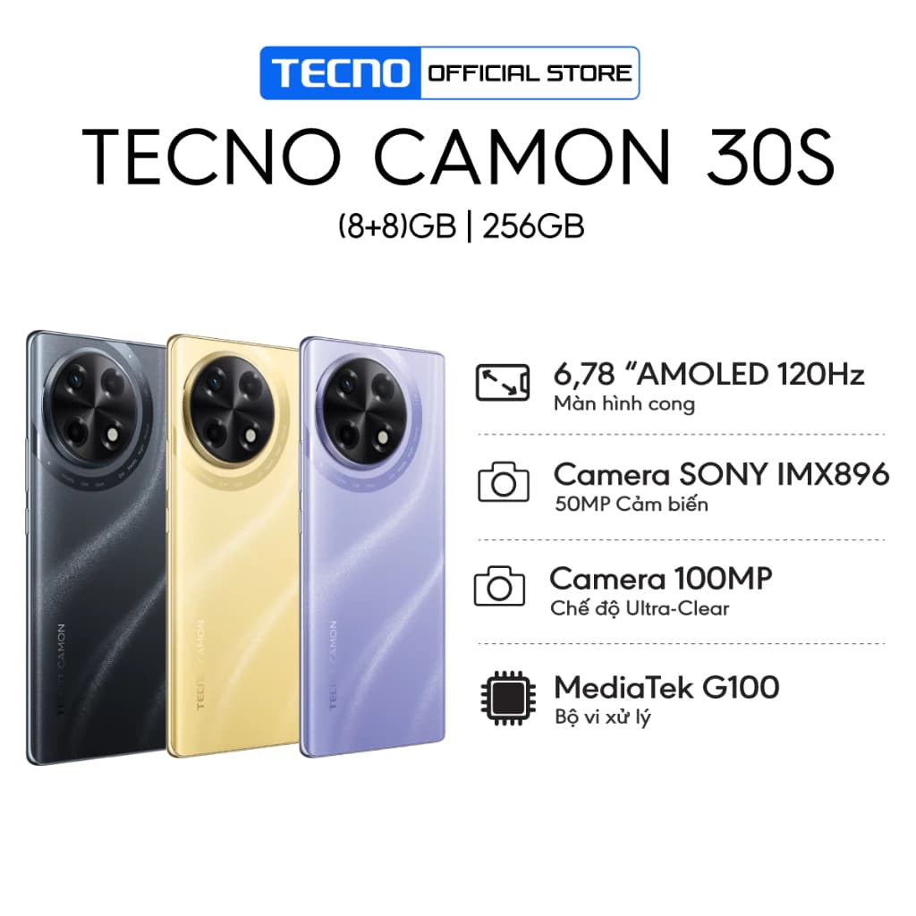 Điện thoại di động Tecno Camon 30S 8GB/256GB - Helio G100 | 5000mAh |Sạc nhanh 33W |Chính hãng