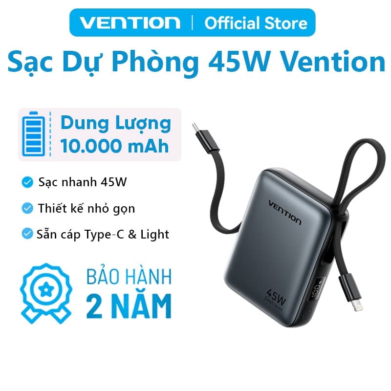 Pin Sạc Dự Phòng 10000mAh 45W Vention, Tích Hợp Dây Sạc Type-C & Light,Hỗ Trợ Sạc Nhanh PD, Thiết Kế Nhỏ Gọn