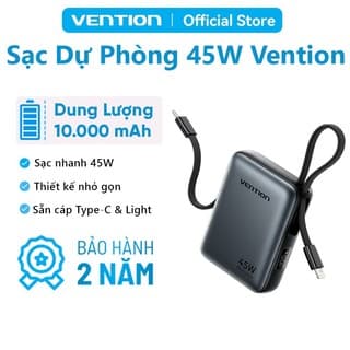 Pin Sạc Dự Phòng 10000mAh 45W Vention, Tích Hợp Dây Sạc Type-C & Light,Hỗ Trợ Sạc Nhanh PD, Thiết Kế Nhỏ Gọn