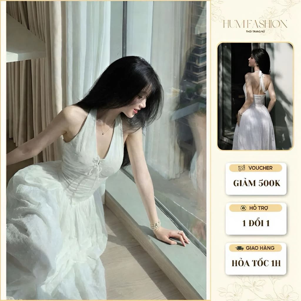 đầm maxi cổ yếm thắt nơ dáng dài, váy tiểu thư công chúa đi biển đi chơi