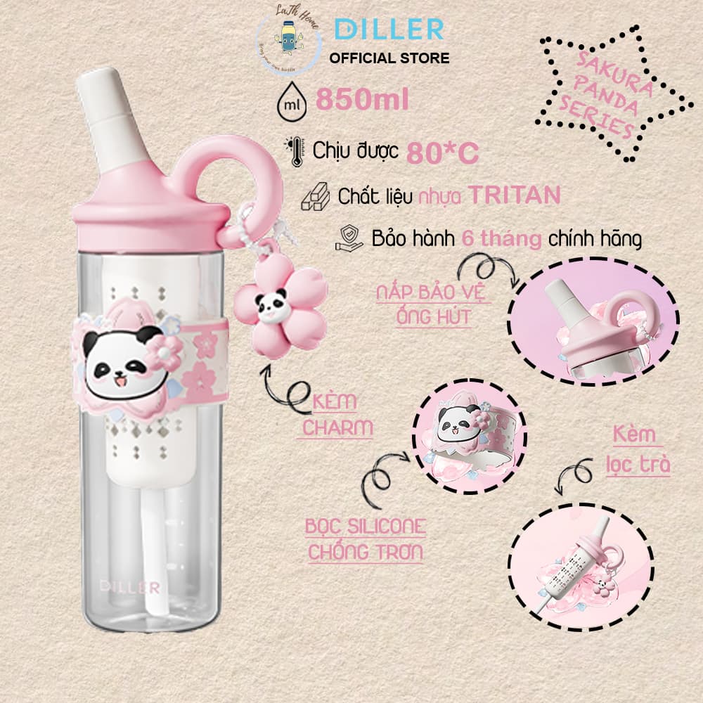 Bình Nước Tritan Diller D2514 Sakura Panda 850ml, Ống Hút, Lọc Trà, Charm, Không BPA