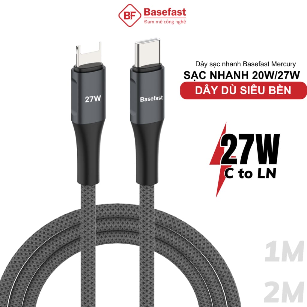 Cáp sạc nhanh 20W Basefast dây C to LN bọc dù dài 1m 2m chống gãy cho Phone xr xs max 11 12 13 14