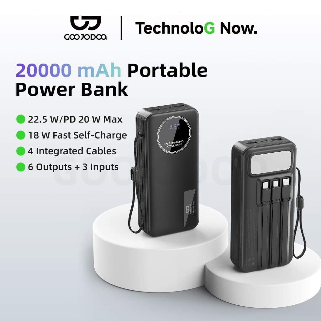 Sạc Dự Phòng 20000mAh GOOJODOQ 9 Cổng PD20W, 22.5W, Dây Cáp Tích Hợp, Màn Hình Số, Đèn Pin