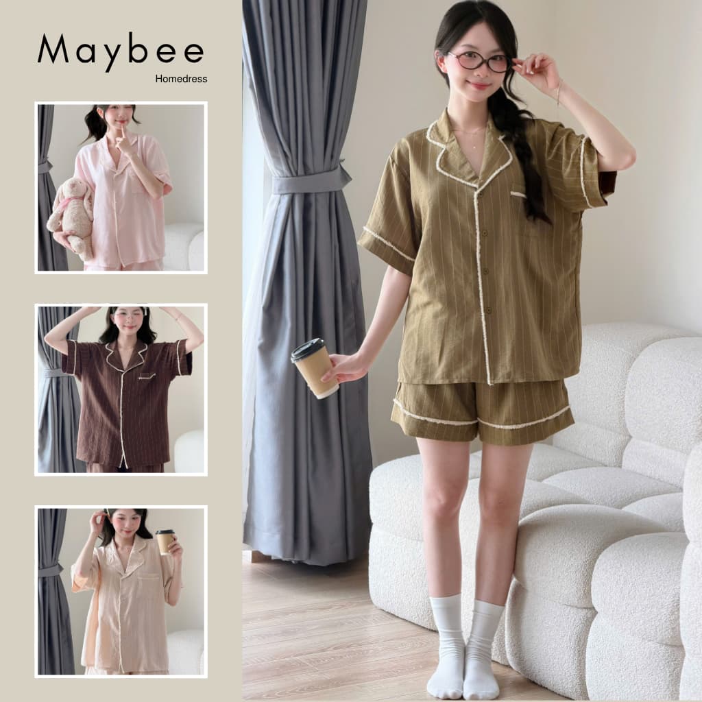 MB-SET-026 Set đồ ngủ ngắn tay sọc đơn phối ren cào Maybee Homedress