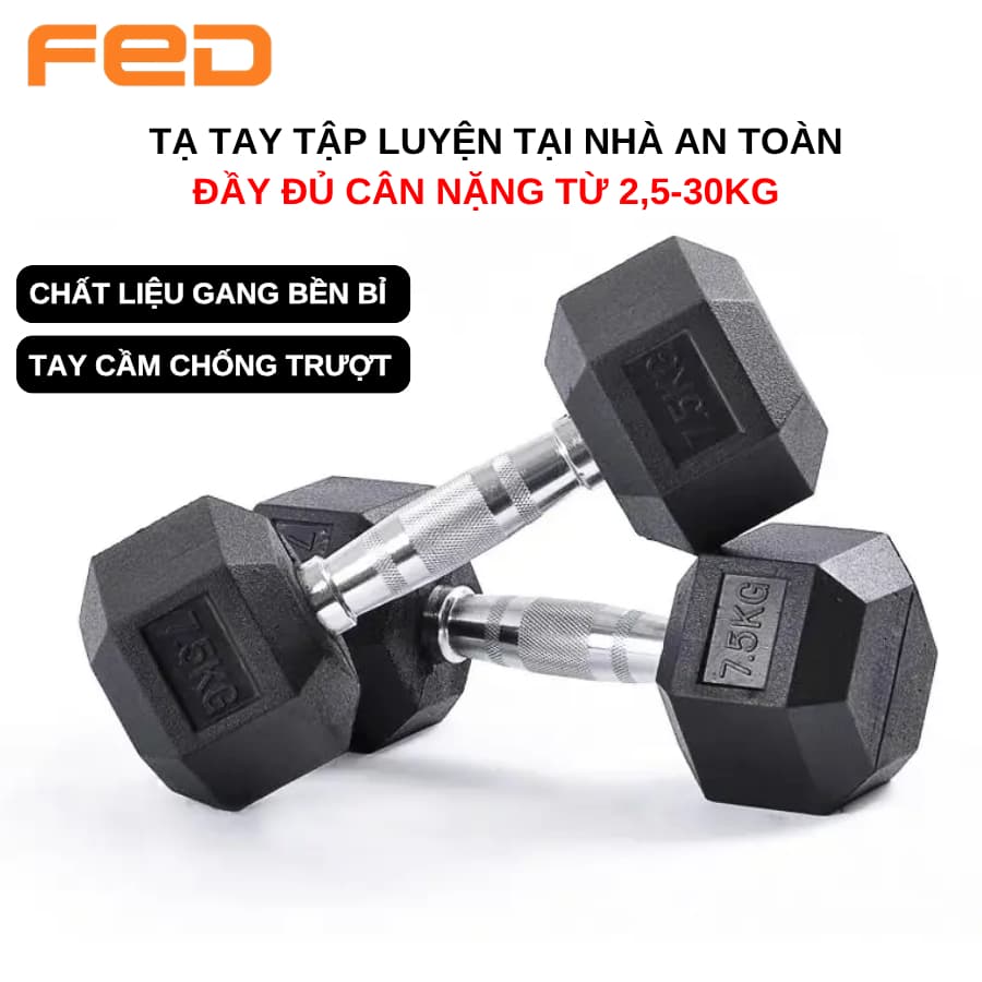 Tạ Tay Lục Giác Chất Liệu Gang Bọc Cao Su, Tay Cầm Bằng Thép Chống Trơn Trượt Đa Dạng Cân Nặng