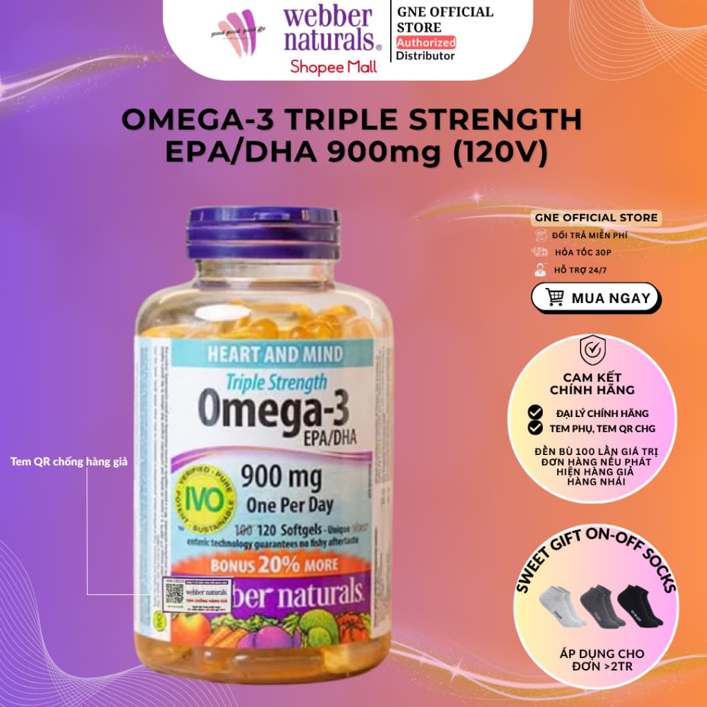 Dầu cá Triple Strength Omega-3 (900mg) DHA/EPA Webber Naturals hộp 120 viên dùng cho cả Nam và Nữ