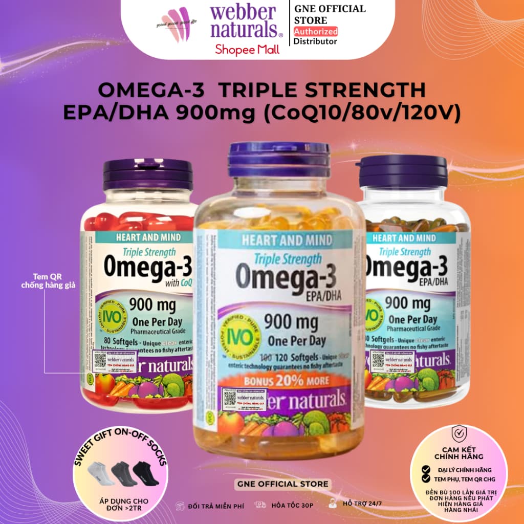 Dầu cá Triple Strength Omega-3  EPA/DHA 900mg with COQ10 Webber naturals 80/120v dùng cho nam và nữ