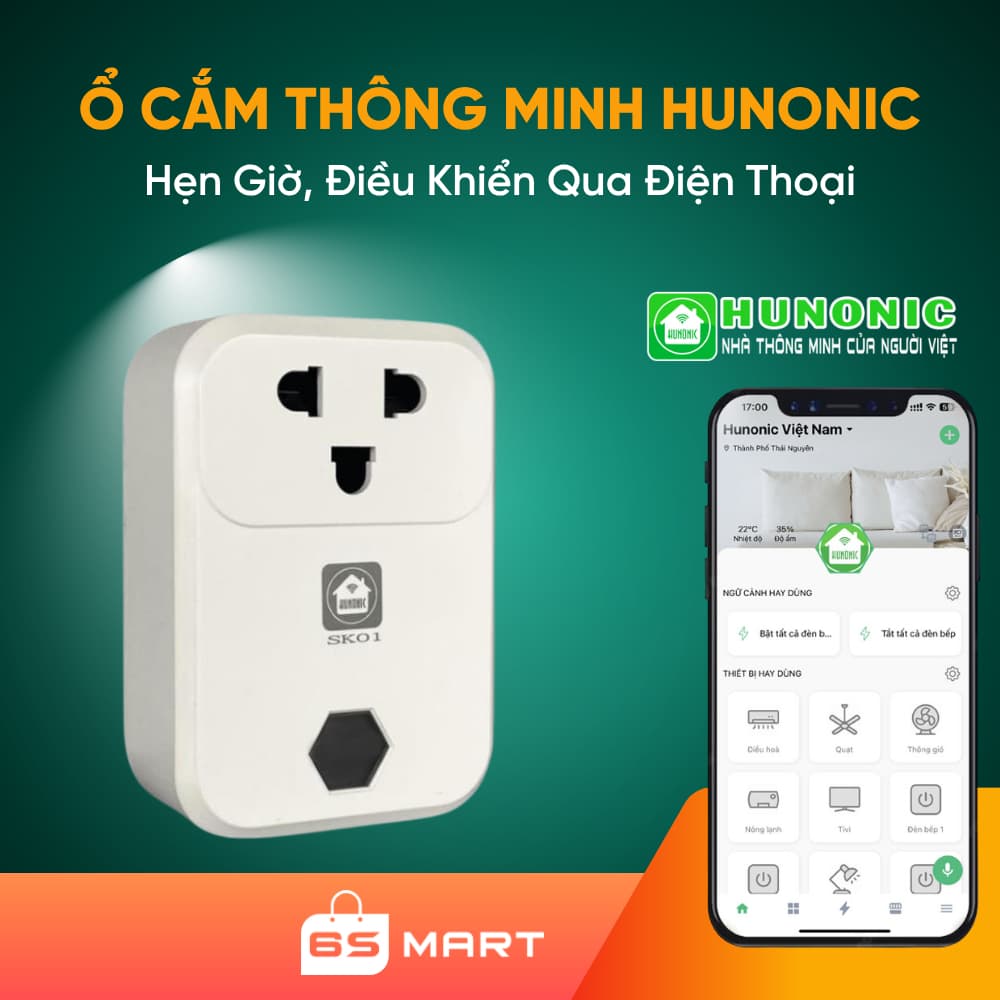 Ổ cắm điện Wifi thông minh Hunonic SK01 điều khiển từ xa bằng giọng nói, hẹn giờ, app tiếng Việt