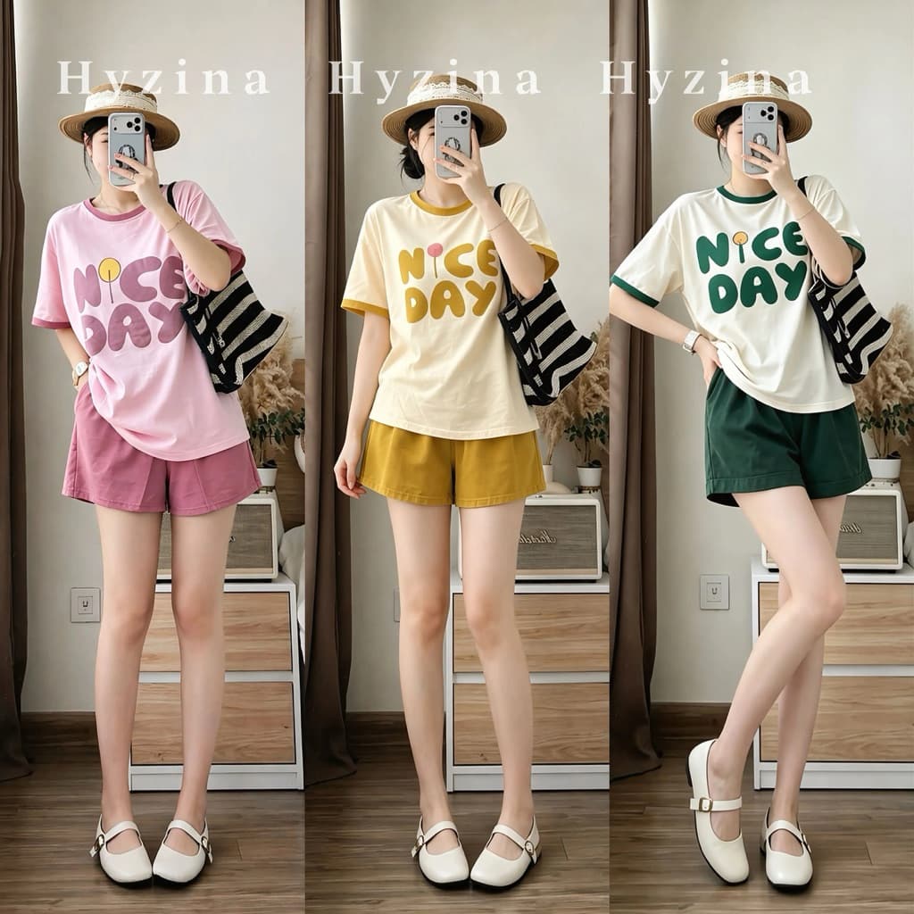 Set Đồ Nữ Hyzina, Hoạ Tiết Chữ NICE DAY, Chất Liệu Cotton Mịn Chất Mát, Co Dãn, Phù Hợp Mùa Hè Thoáng Mát
