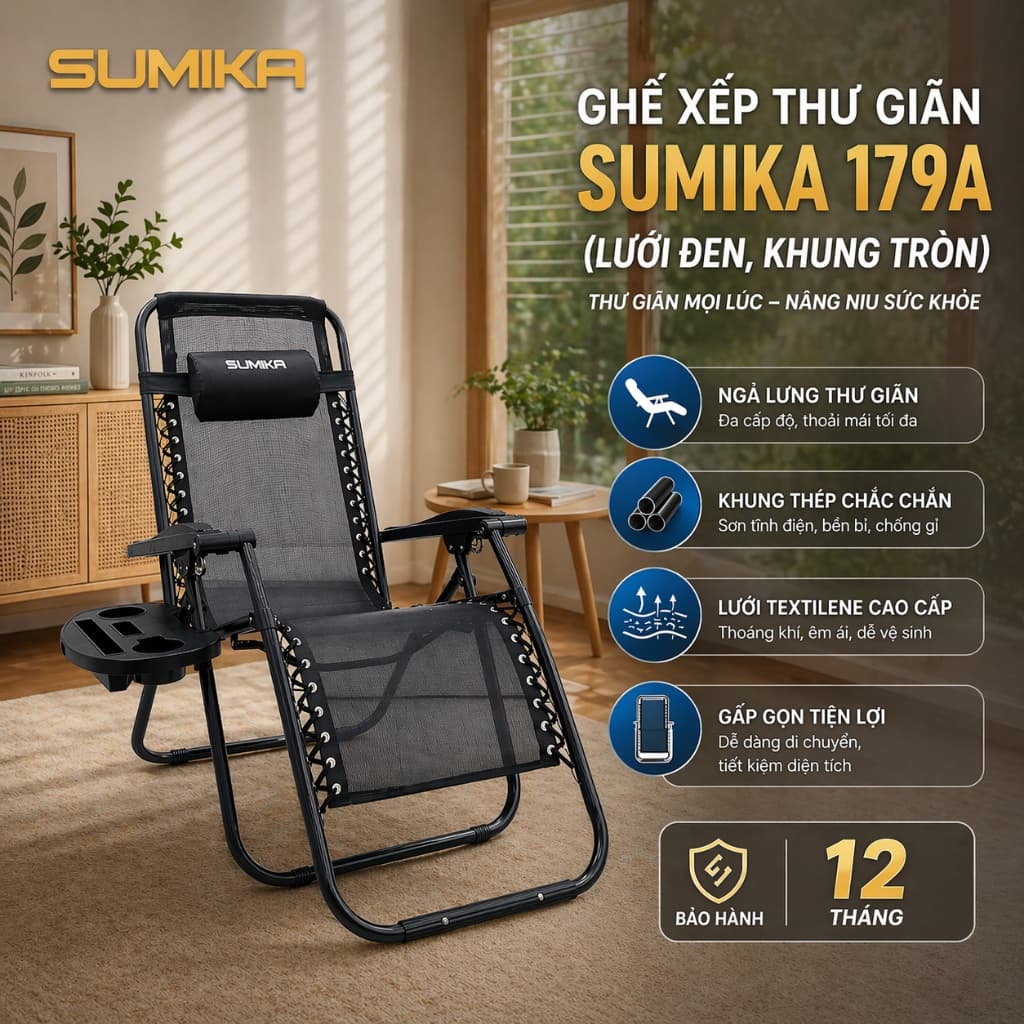 SUMIKA Ghế Xếp Gấp Gọn 179A, Khung Thép Sơn Tĩnh Điện, Lưới Textilene Thoáng Khí, Tải Trọng 200kg