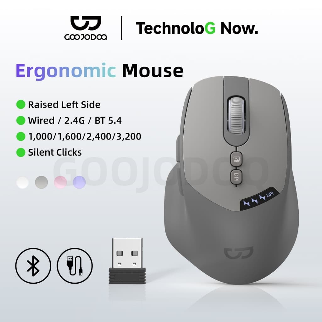 Chuột Không Dây GOOJODOQ 3 Chế Độ Kết Nối, Chuột Êm, Pin 50 Giờ, 4 DPI, 7 Nút, 4 Màu Thời Trang