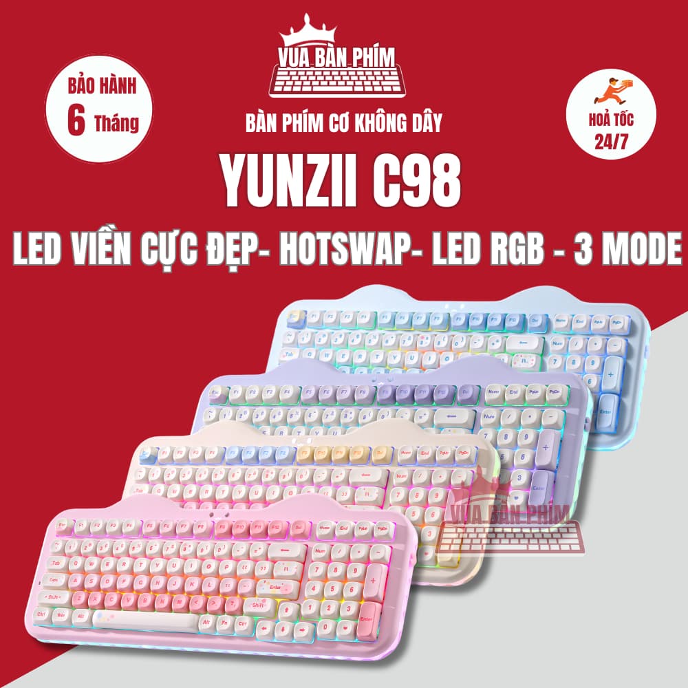 Bàn phím cơ Yunzii C98 không dây layout 98 phím led viền cực đẹp , hình mèo dễ thương mạch xuôi, keycap pbt doubleshot