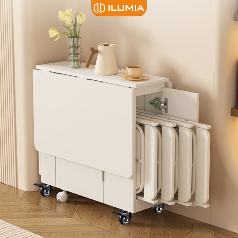 Bộ bàn ăn thông minh gấp gọn ILUMIA màu full trắng có bánh xe di chuyển dễ dàng - GP372