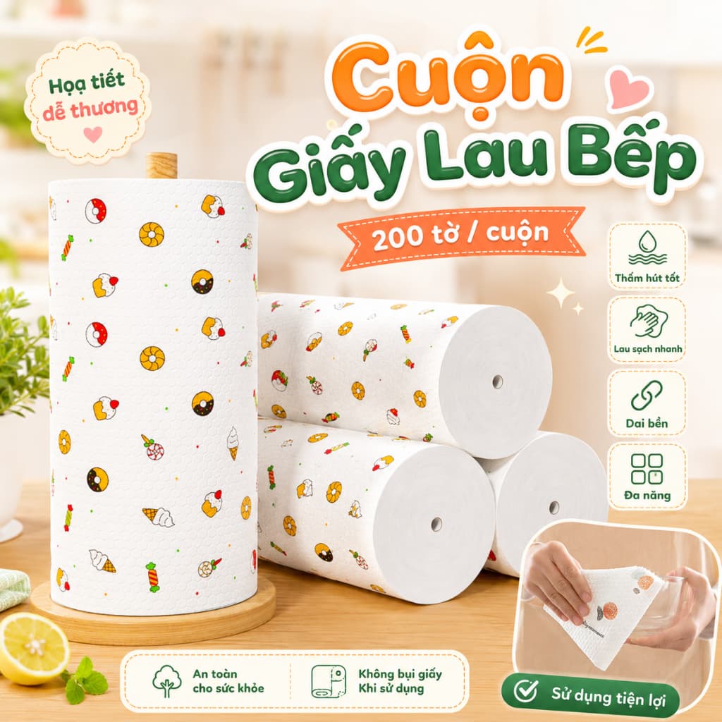[CUỘN TO] Cuộn 200 Khăn Giấy Vải Lau Đa Năng, Khăn Lau Bếp, Siêu Thấm Hút Có Thể Tái Sử Dụng
