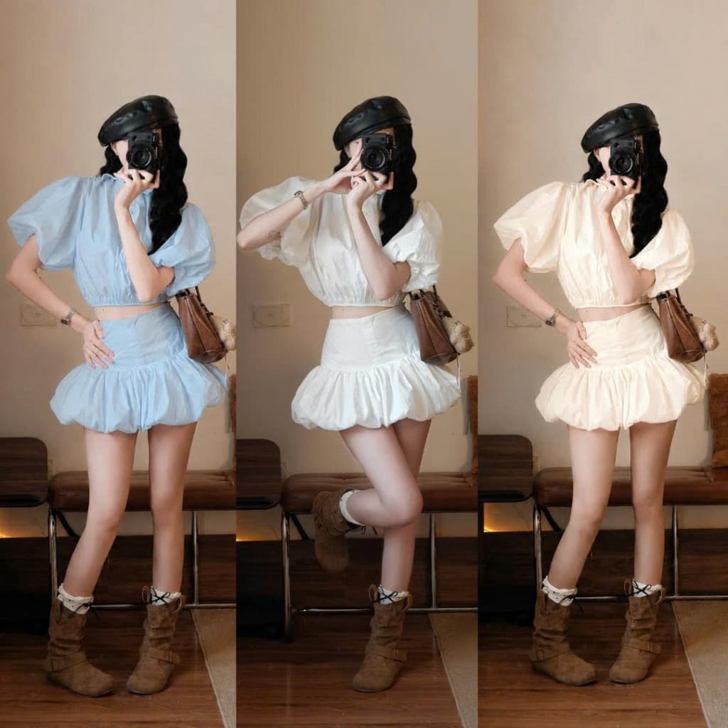 Set Áo Sơ Mi Nữ Tay Bồng Croptop Kèm Chân Váy Bí Cạp Chun Xinh Xắn Đi Chơi 247Store Set1857