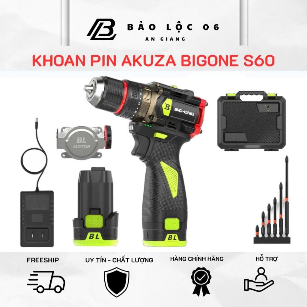 Máy Khoan Pin AKUZA - BIGONE S60 Đầu Kẹp 10ly Autolock ,Lực Siết 60Nm ,Không Chổi Than ,BH 12 Tháng