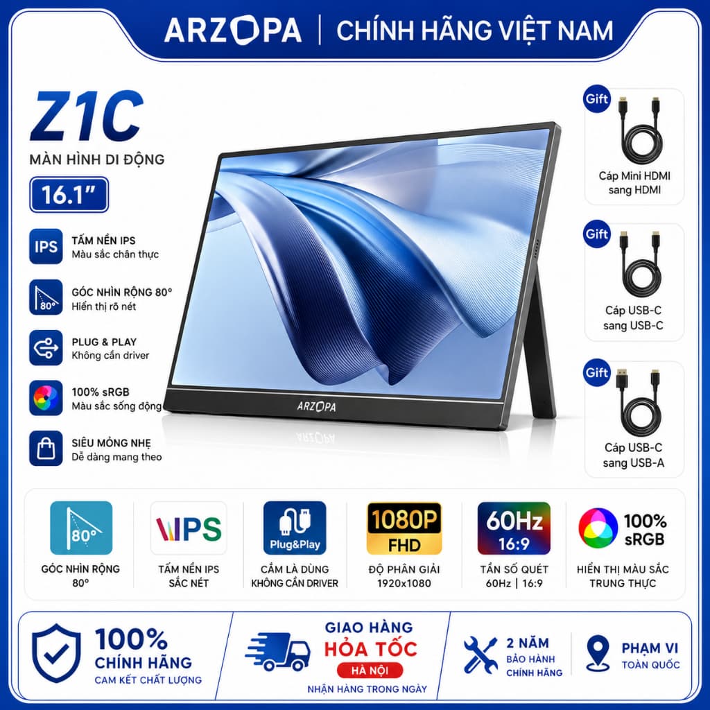 Màn Hình Di Động ARZOPA Z1C 16.1" IPS FHD | 100% sRGB | HDR | USB-C HDMI | Chính Hãng