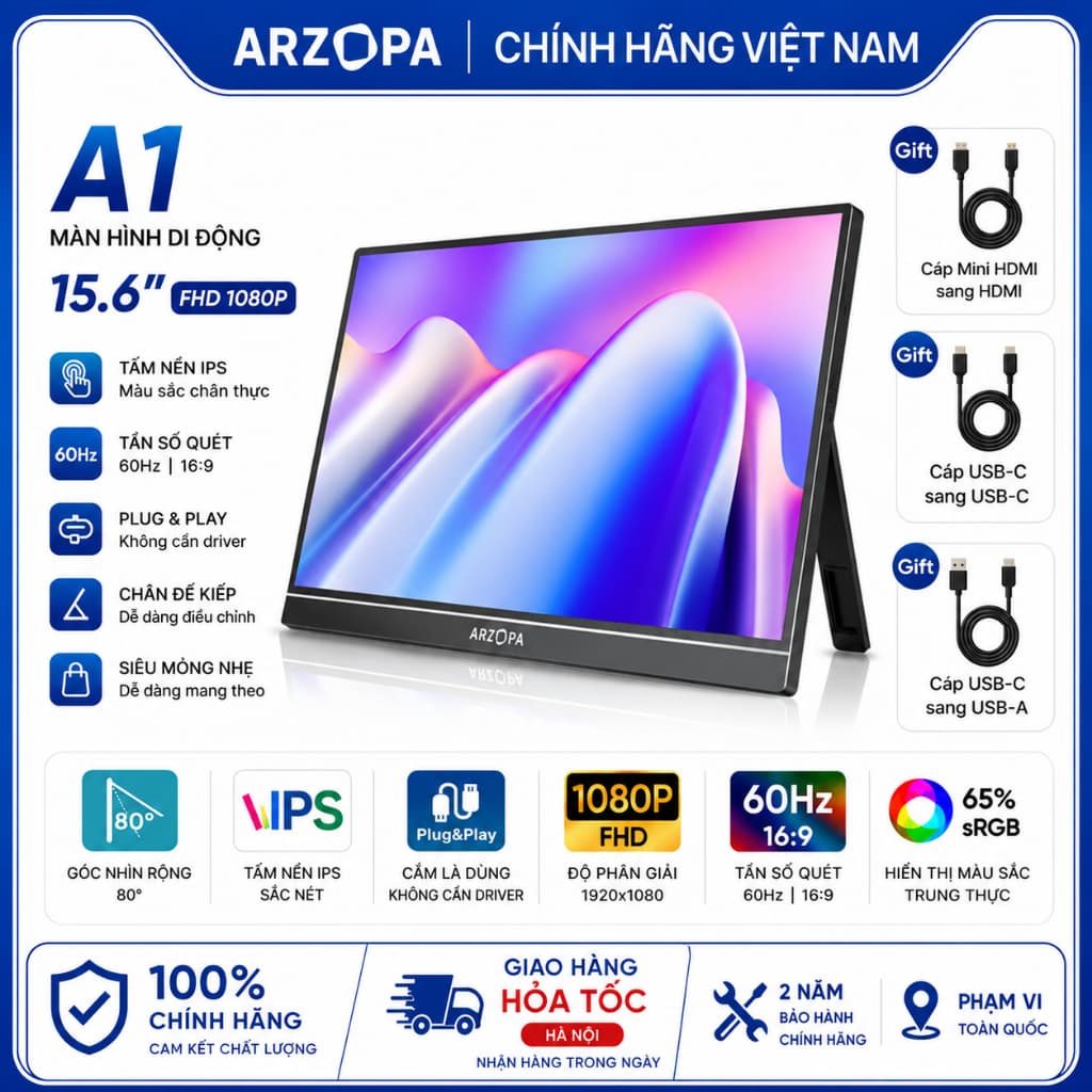 [Hỏa tốc Hà Nội]  Màn Hình Di Động ARZOPA A1 15.6" IPS FHD | HDR | Loa Kép | USB-C HDMI | Chính Hãng