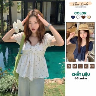 Áo Sơ Mi Nữ Kiểu Babydoll Xoắn Ngực Họa Tiết Cộc Tay Dễ Thương Mềm Mát PhuLinhCloset MS175