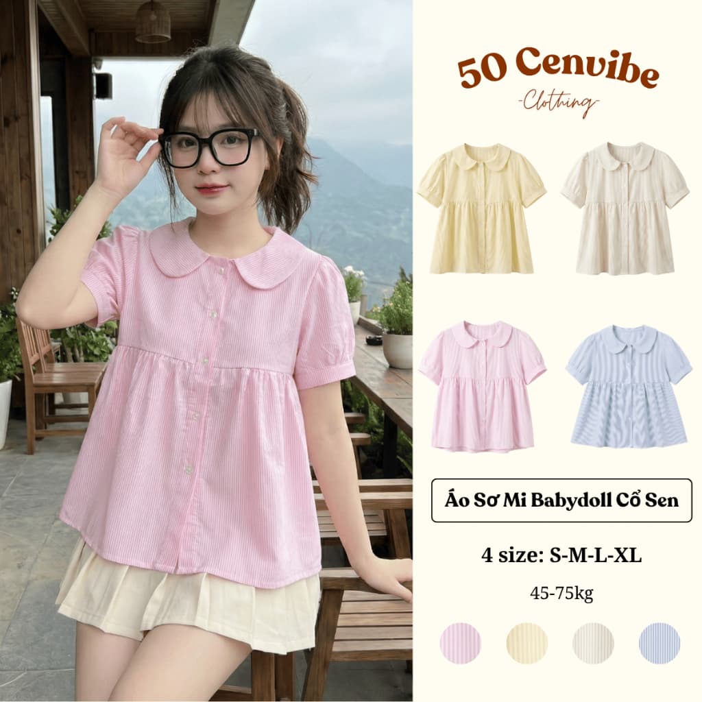 Áo Sơ Mi Nữ Babydoll Cổ Sen Khuy Hoa Cộc Tay Có Bigsize 45-75kg Phong Cách Korea (50 Cenvibe Clothing) #318