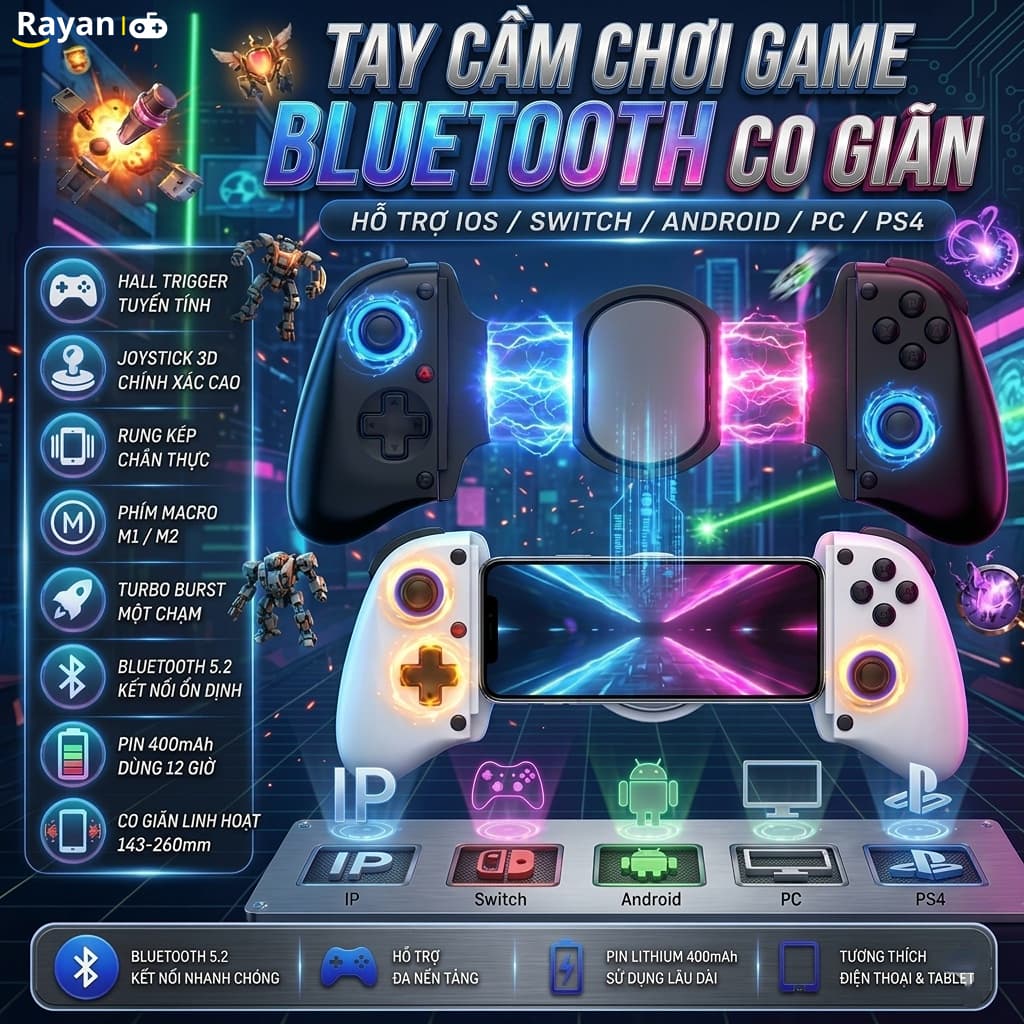 Gamepad Tay Cầm Game Bluetooth D11 Không Dây – Gamepad đa nền tảng PC/Android/iOS/PS3/PS4/Switch, có rung cho điện thoại