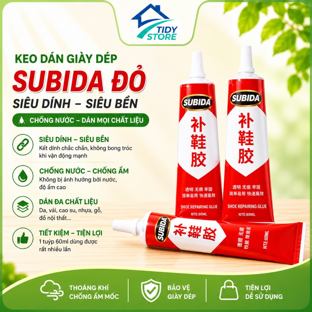 Keo Dán Giày Dép SUBIDA Đỏ Siêu Dính, Siêu Bền, Chống Nước, Dán Da Vải Cao Su Hiệu Quả 60ml