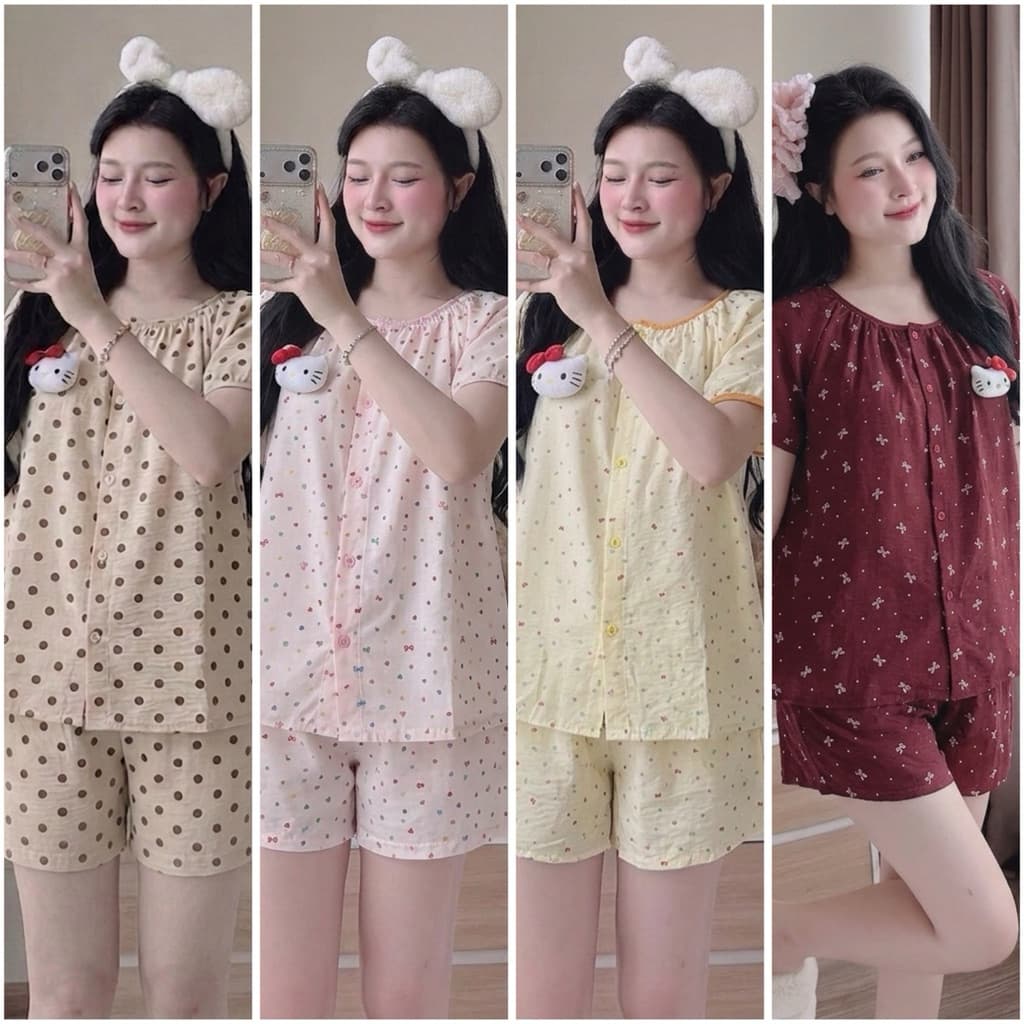 bộ cộc đùi đũi mềm mát cổ viền hình in dễ thương gắn gấu