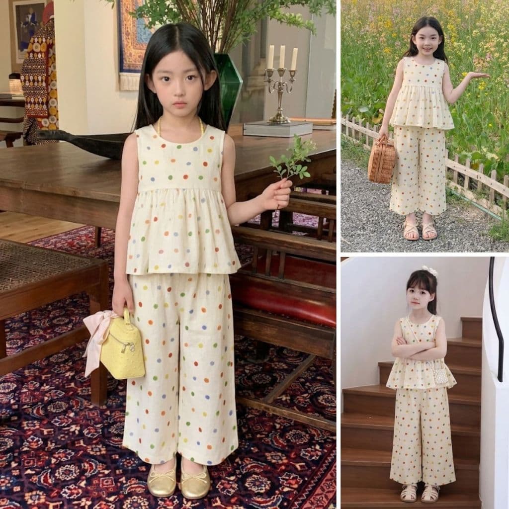 Set Bộ Bé Gái, Quần Áo Mùa Hè Chấm Bi Dáng Suông Dễ Thương Vải Cotton Thô Mềm, Thoáng Mát