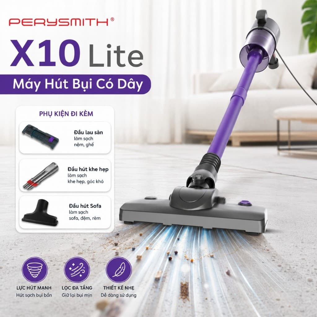 Máy Hút Bụi Cầm Tay PerySmith X10Lite Siêu Nhẹ 1.0kg Lọc HEPA 0.25 Micron Đa Năng 4 Trong 1