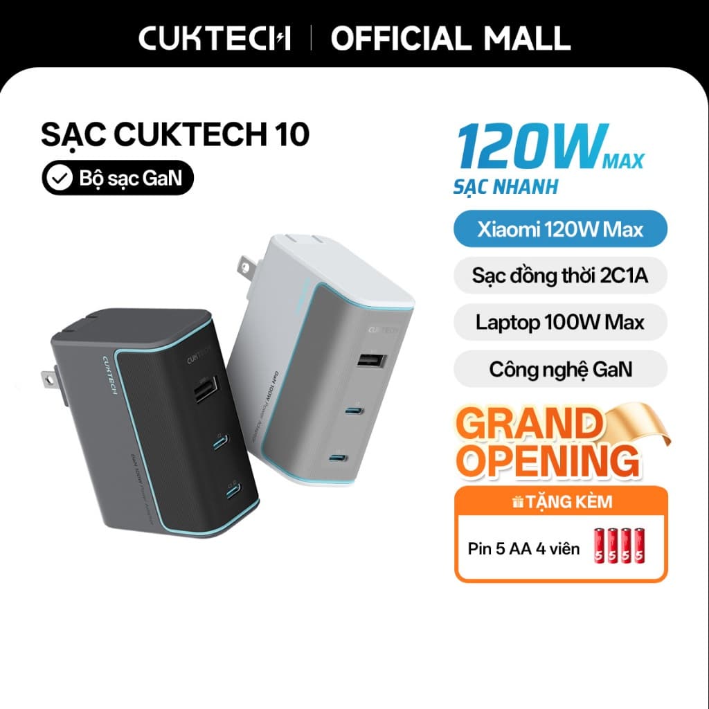 Củ Sạc Nhanh CUKTECH GaN 100W 3 Cổng Siêu Nhỏ Gọn Cho iP 17/16/15/MacBook/Laptop/Xiaomi 17/Samsung S26