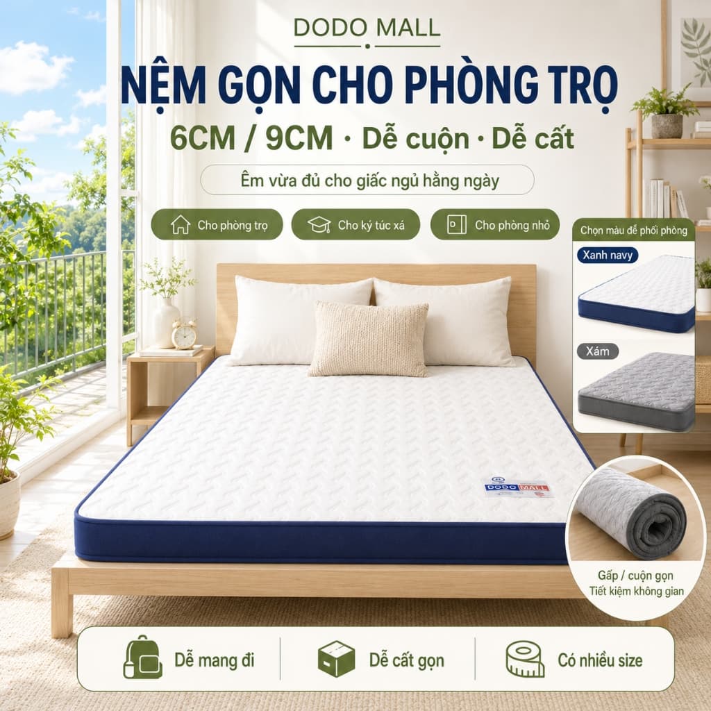 DODO Nệm Cao Su Non 6cm/9cm nệm 1m2 x 2m Gấp Gọn Dễ Cất Chống,Hỗ Trợ Lưng Cho Phòng Trọ Gia Đình COD