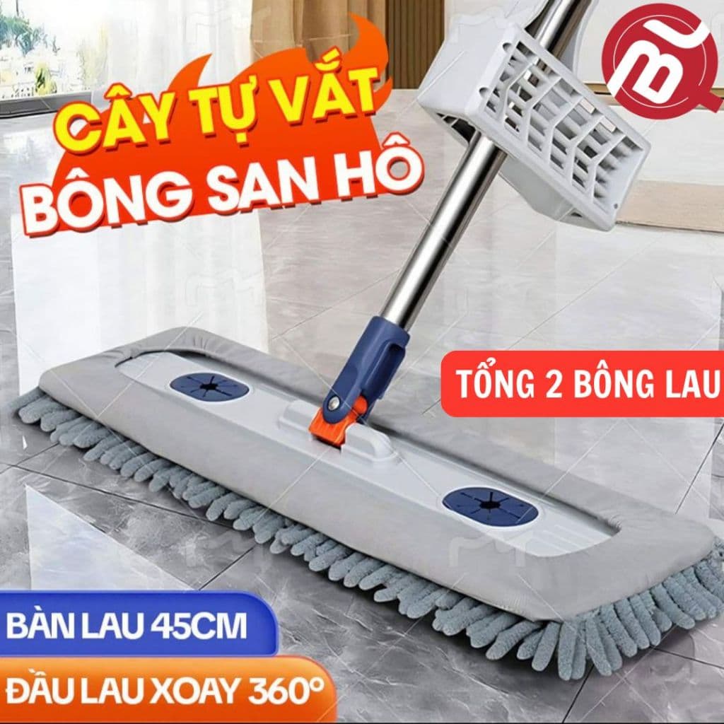Bộ Cây Lau Nhà San Hô Tự Vắt QBL 45cm Tiện Dụng, Cây Lau Nhà Đa Năng Xoay 360 Độ kèm 2 bông lau
