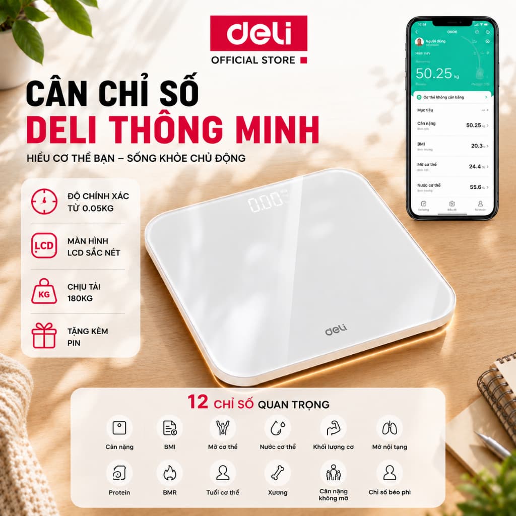 Cân Điện Tử Thông Minh Deli Theo Dõi Phân Tích Chỉ Số Cơ Thể Trọng Lượng Tối Đa 180kg Kết Nối Bluetooth App theo dõi