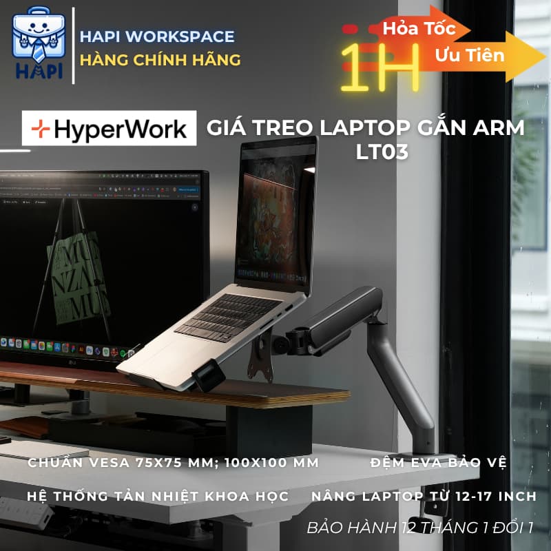 Giá đỡ gắn Arm HyperWork LT03, giá treo Laptop 12-17inch chuẩn VESA cao cấp, tản nhiệt và cứng cáp