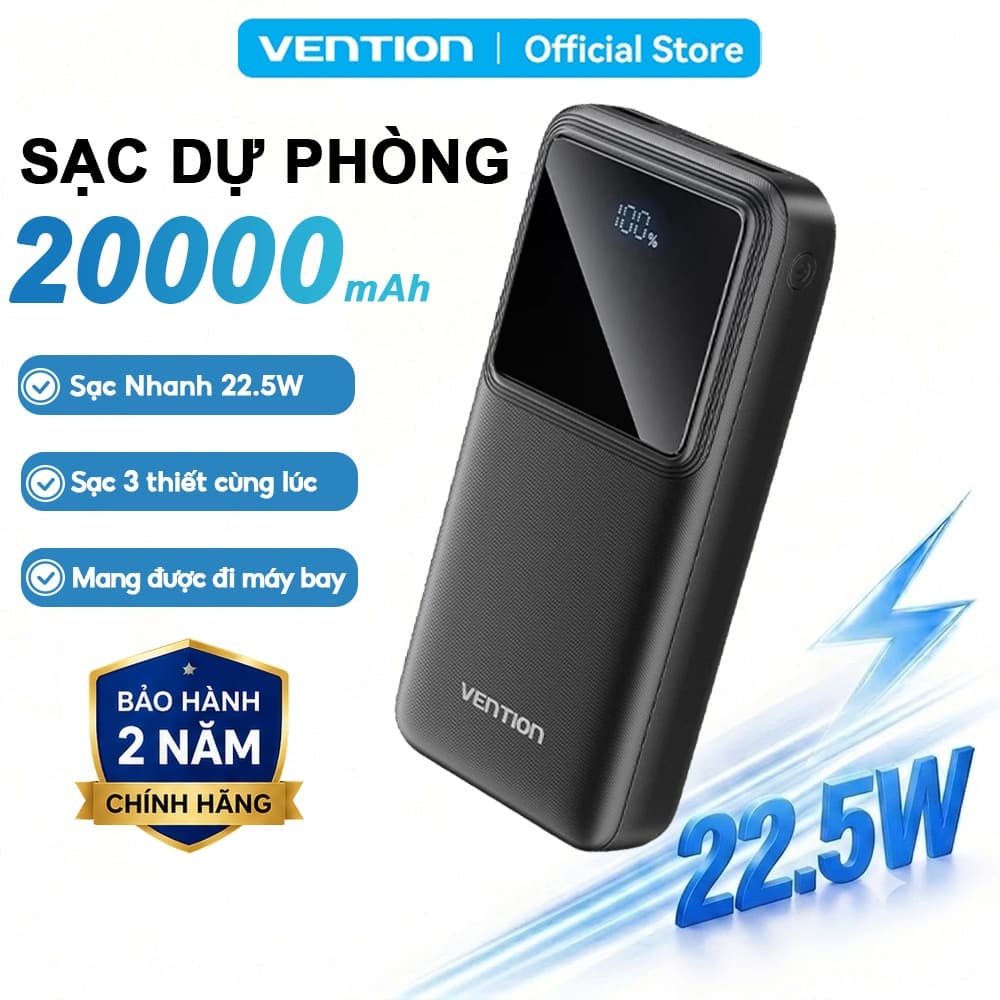 Pin Sạc Dự Phòng 20000mAh 22.5W Vention, Sạc Nhanh PD/QC,3 Cổng USB-A & USB-C, Dung Lượng Lớn, Được Mang Lên Máy Bay