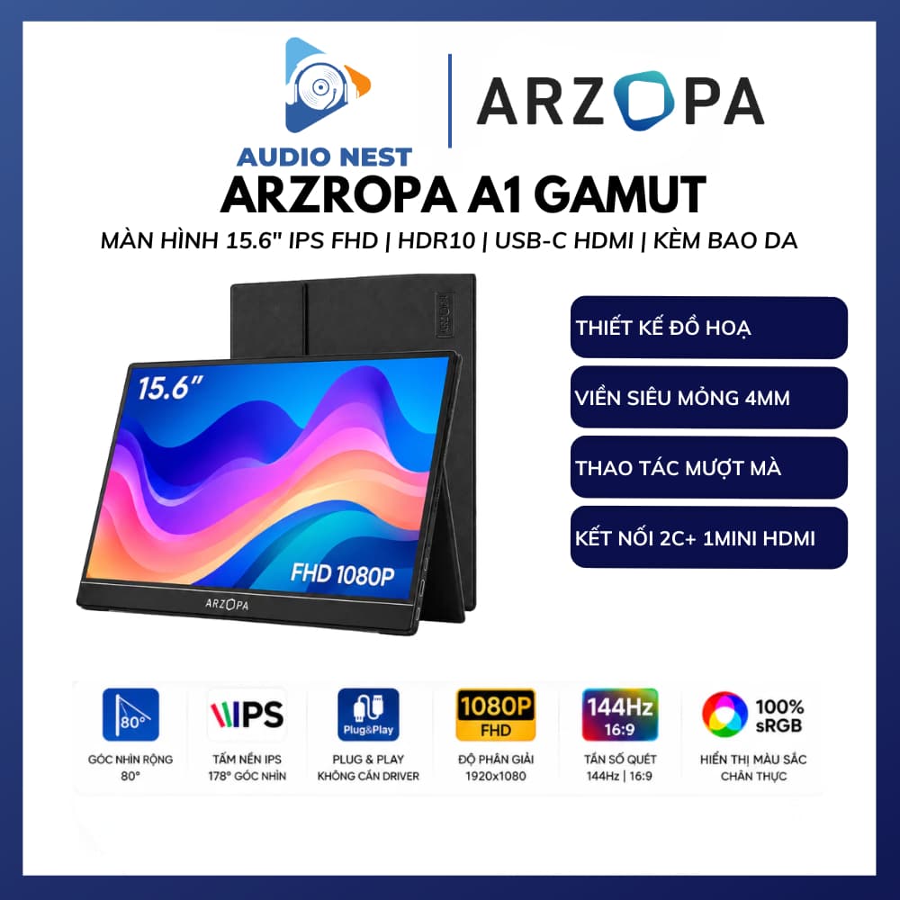 Màn Hình Di Động ARZOPA A1 Gamut 15,6 Inch 60Hz FHD 1080P IPS Có Bao Da USB-C & HDMI Cho Laptop Điện thoại Chính Hãng