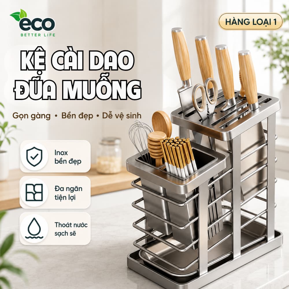 (SẴN) Giá Đựng Dao Thép Carbon Chống Gỉ ECO, Kệ Cài Dao Đũa Nhà Bếp Đa Năng Có Khay Hứng Nước