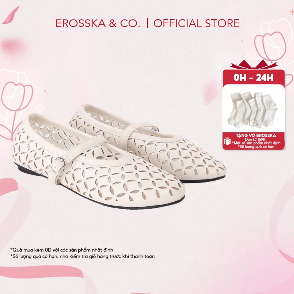 [Erosska] - Giày búp bê nữ lưới quai ngang kiểu dáng đơn giản cao 1cm màu kem - EL065